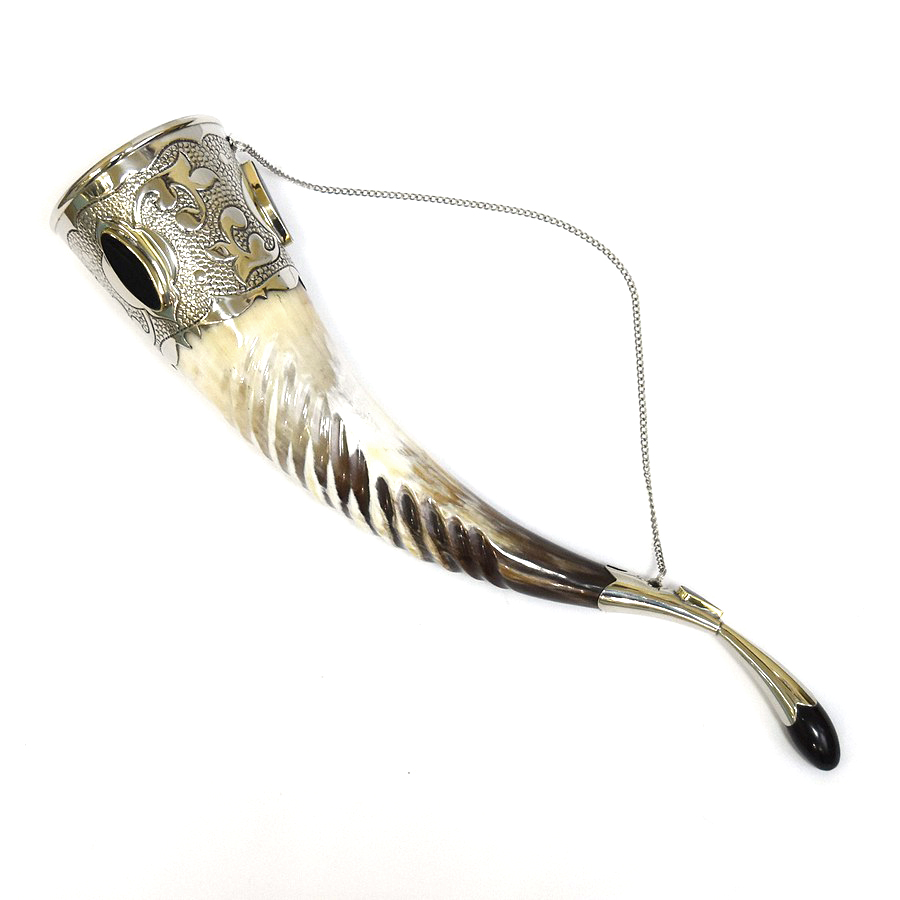 Бычий  рог рифленый с чашей светлый окрас (мельхиор, вставки кость, чеканка 40-45см)