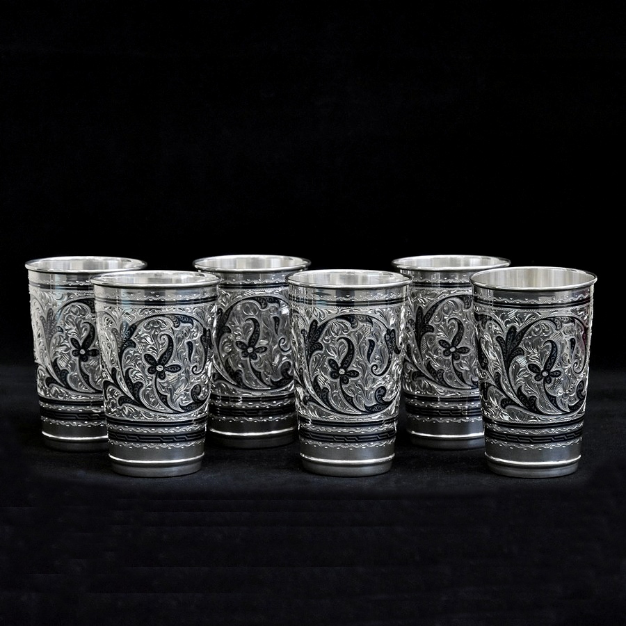 Набор серебряных кубачинских стаканов "Гармония" ручной работы (6 штук)