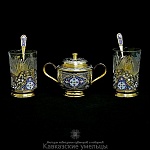 Чайный набор из серебра с позолотой и горячей эмалью на две персоны №3 кубачинских мастеров
