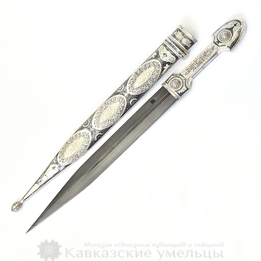 Кубачинский серебряный кинжал №3 (Дамасская сталь, Серебро, Слоновая кость, Филигрань)