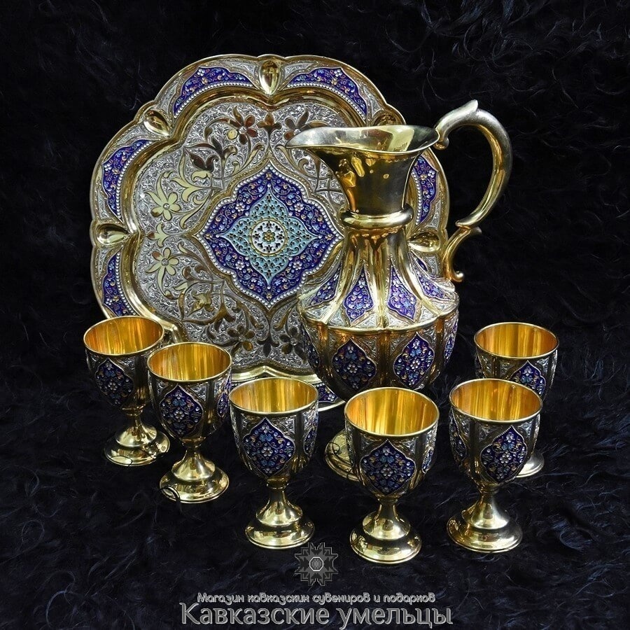картинка Винный сервиз из серебра с позолотой и цветной эмалью от магазина Кавказские умельцы