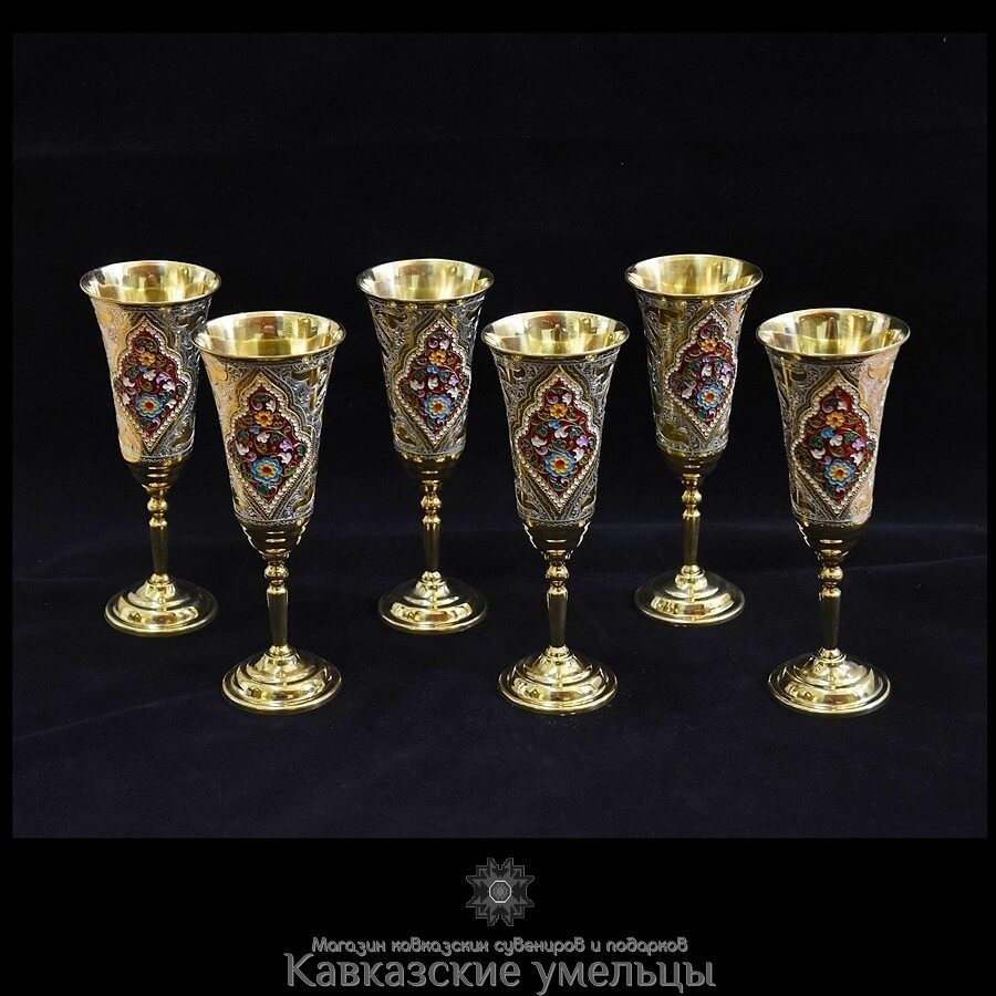 картинка Серебряные позолоченные бокалы "Магия" с цветной эмалью (Набор 6 штук в футляре) от магазина Кавказские умельцы