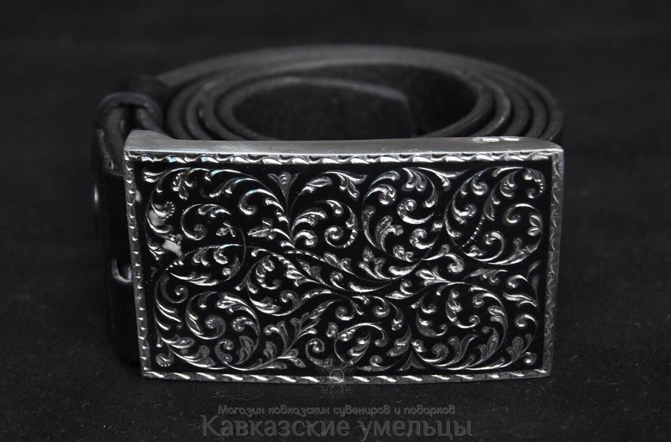 картинка Кожаный мужской ремень с серебряной кубачинской пряжкой №21 от магазина Кавказские умельцы