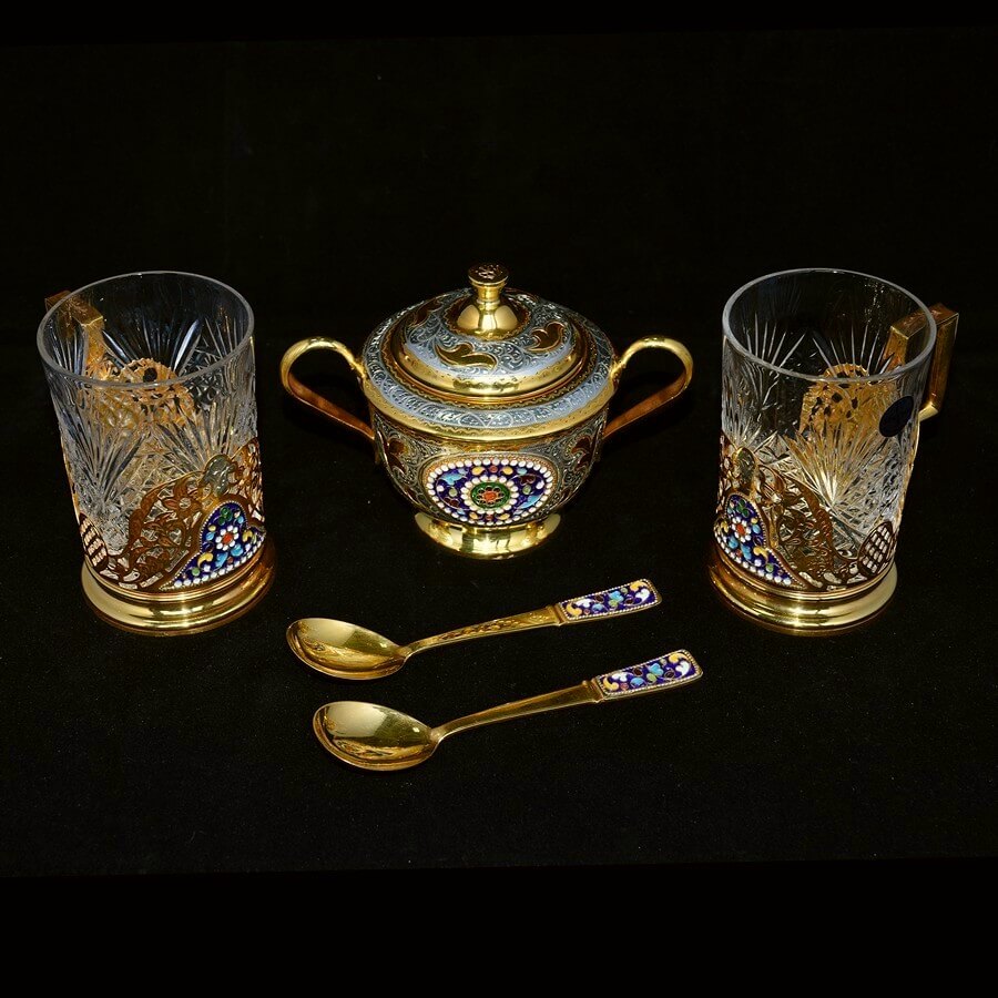Чайный набор из серебра с позолотой и горячей эмалью на две персоны кубачинских мастеров