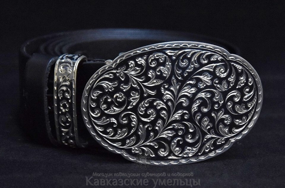 картинка Кожаный мужской ремень с серебряной кубачинской пряжкой №22 от магазина Кавказские умельцы