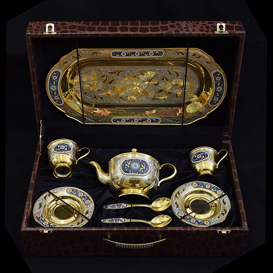 Чайный набор из серебра с позолотой и горячей эмалью на две персоны №2 кубачинских мастеров