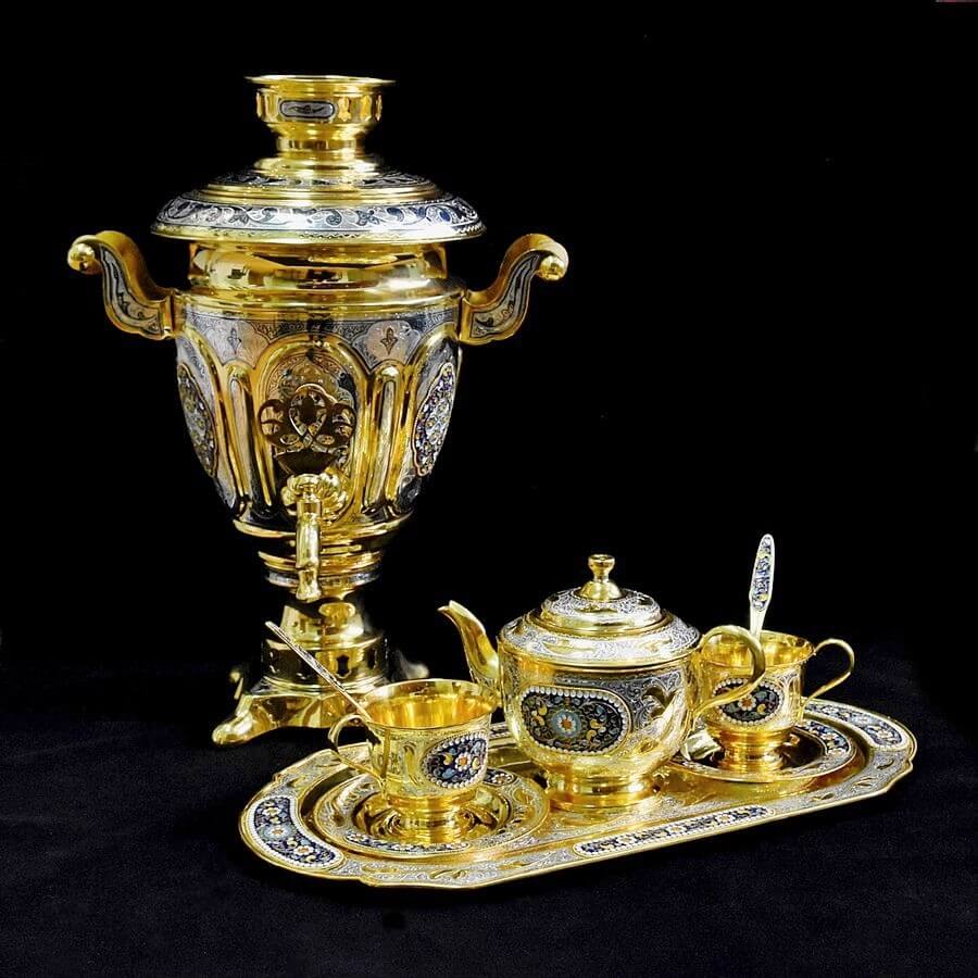 Чайный набор с самоваром на две персоны (серебро, позолота, цветная эмаль)