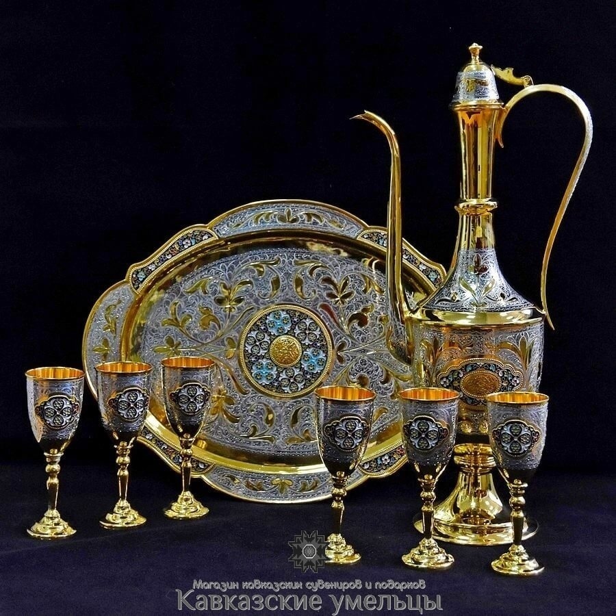 картинка Серебряный сервиз для вина с позолотой и цветной эмалью от магазина Кавказские умельцы