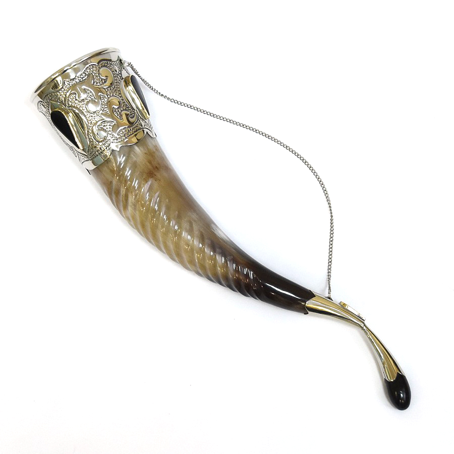 Бычий  рог рифленый с чашей коричневый окрас (мельхиор, вставки кость, чеканка 40-45см)