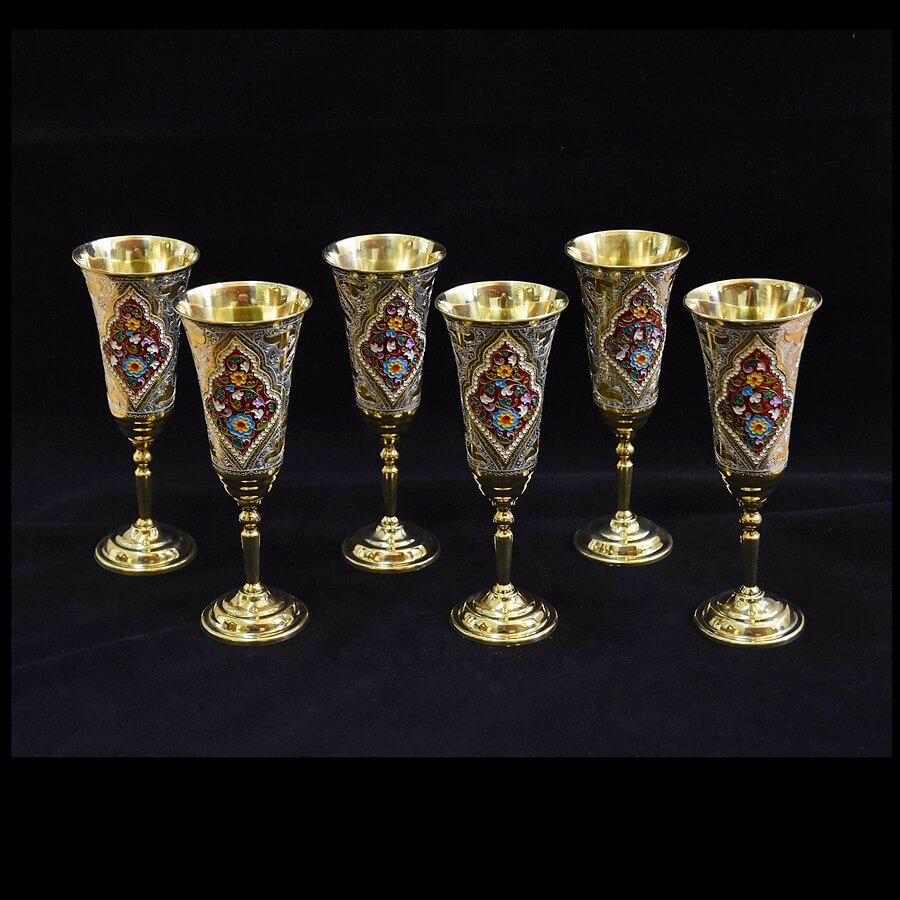 Серебряные позолоченные бокалы "Магия" с цветной эмалью (Набор 6 штук в футляре)