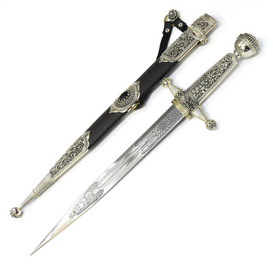 Авторский малый кинжал-меч ручной работы (филигрань, кожа, черный агат, каленая сталь)