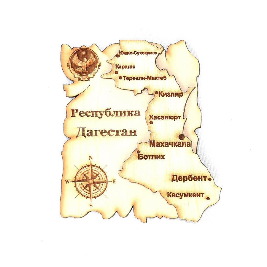 Магнитик из дерева Карта Дагестана (8см)