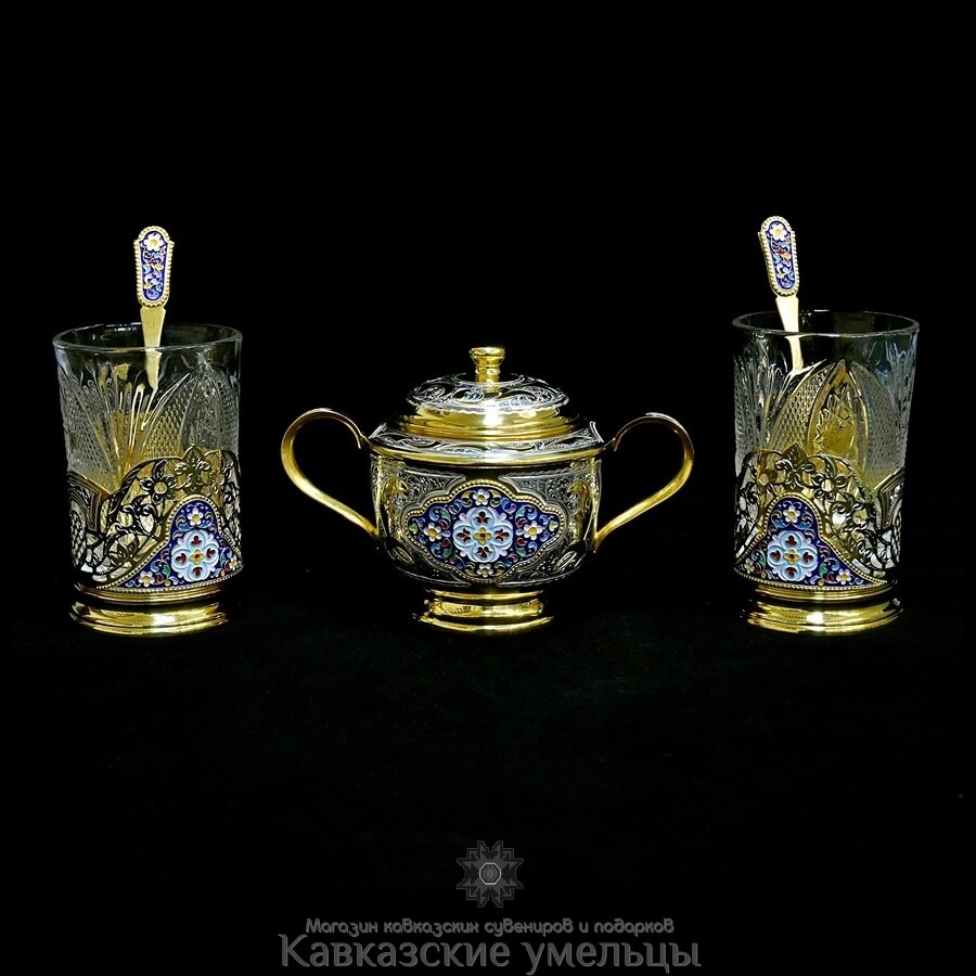картинка Чайный набор из серебра с позолотой и горячей эмалью на две персоны №3 кубачинских мастеров от магазина Кавказские умельцы